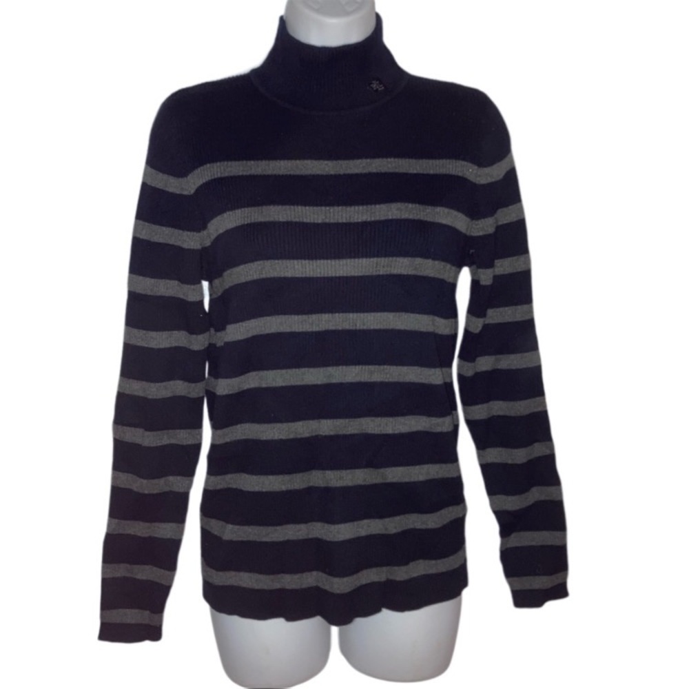 Ralph Lauren Stripe Ribbed Cotton Long Sleeve Turtleneck Top M Gray Navy